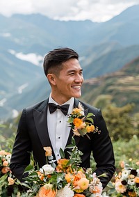 Southeast Asian groom happy bridegroom laughing.