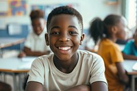 Happy black boy student in classroom happy person female.