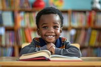Little boy black Happy student in classroom happy publication reading.