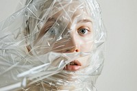 Mental breakdown person plastic wrap clothing.
