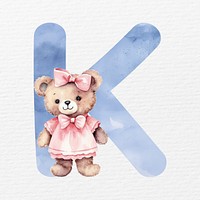 Letter K in blue watercolor alphabet with animal character illustration