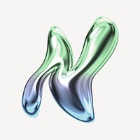 Letter N, holographic fluid chrome font illustration