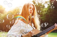 Girl Playing Guitar Outdoors Summer Concept