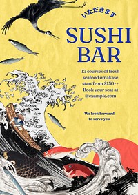 Sushi restaurant  poster template, vintage Ukiyo-e art remix