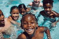 Children laughing and swimming in the pool people happy recreation.