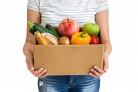 Box with food ingredients for donation female woman cardboard.