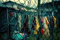Clothing hangs on the chain link fence at an refugee camp architecture building outdoors.