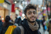 A happy Middle east young men friends with shopping bags photography face accessories.