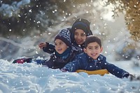 Funny middle east boy and girl sliding fast photo snow photography.