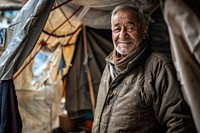 Refugee senior stands inside an old tent person human adult.