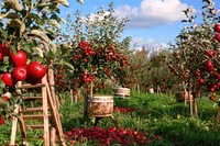 Apple trees with apples agriculture countryside vegetation.
