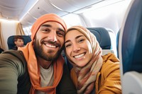 Happy middle east couple tourist taking selfie happy transportation clothing.