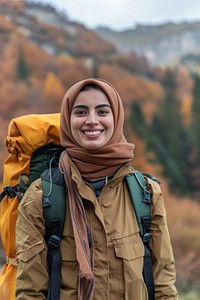 Young middle east woman backpack happy smile.