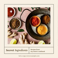 Secret ingredients cookbook Instagram post template social media design