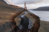 Scenic freeway by the lake on Faroe Islands remix
