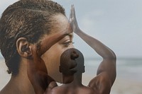 Black woman meditating on the beach remix