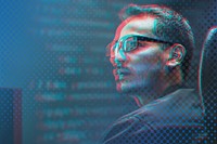 Man analysing binary code on virtual screen in double color exposure effect