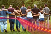 Group of friends huddle in rear view together