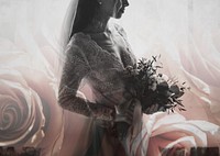 Bride in her wedding dress holding a bouquet of flowers remix