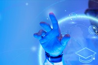 Man touching the futuristic blue screen