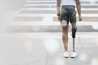 Woman with prosthetic standing by the crosswalk remix