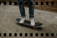Man with white sneakers skating in city