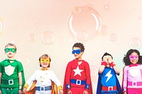 Diverse kids in superhero costumes
