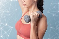 Sporty woman lifting dumbbells on blue background