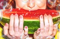 Woman biting into a slice of watermelon