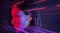 Woman with wireless earbuds in neon light remix