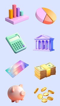 3d financial objects isolated image set