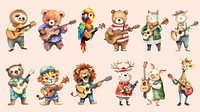 Watercolor animal character playing guitar isolated image set