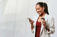 Happy woman in a blazer with a phone transparent png