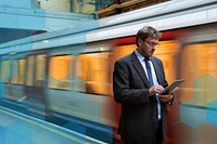 Businessman using tablet at a train station