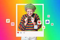 Cheerful lgbtq woman in a colorful jumper