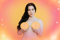 Woman holding cantaloupes over her breasts