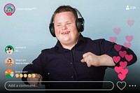 Cool young man with Down Syndrome listening to a sport podcast