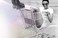 Woman sitting in a shopping trolley remix