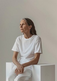 Middle age woman wearing white t shirt mockup clothing apparel sitting.
