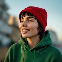 Young woman wears blank green hoodie and red cap mockup photography portrait smile.