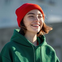 Young woman wears blank green hoodie and red cap mockup smile clothing apparel.
