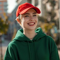 Young woman wears blank green hoodie and red cap mockup photography portrait smile.