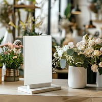 Blank white table reservation mockup flower furniture blossom.