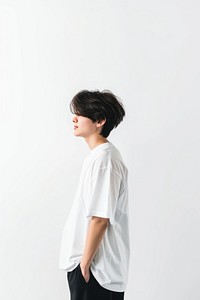 Young man wears blank white oversize t shirt mockup photography face hair.