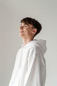 Young man wears blank white hoodie mockup photography fashion happy.