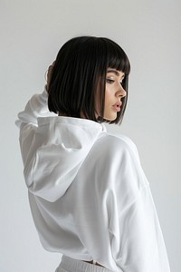 Young woman wears blank white hoodie mockup photography hair clothing.