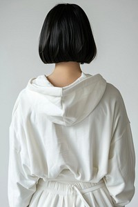 Young woman wears blank white hoodie mockup fashion hair clothing.