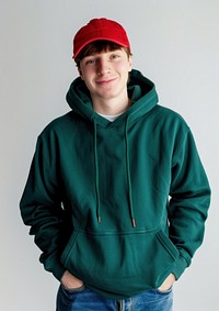 Man wears blank green hoodie and red cap mockup sweatshirt clothing knitwear.
