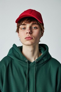 Young man wears blank green hoodie and red cap mockup photography portrait sweatshirt.
