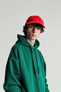 Young man wears blank green hoodie and red cap mockup sweatshirt clothing knitwear.